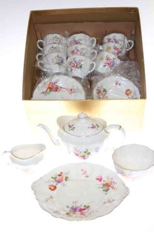 Royal Crown Derby 'Posies' thirty one piece tea set including teapot, and battered box