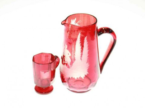 Bohemian red glass jug engraved with Satyr and goat, and mug (2)
