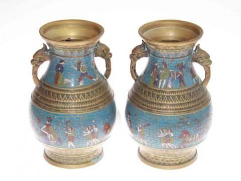 Pair brass and enamel vases decorated with chariots and figures