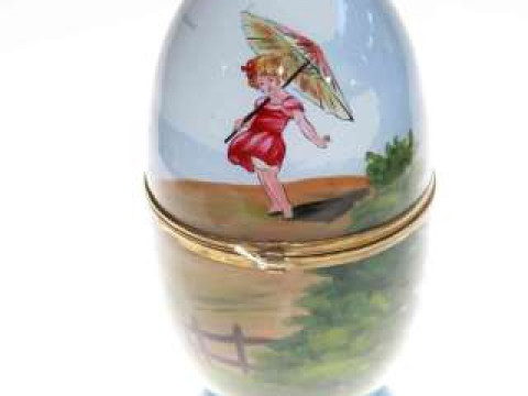 Painted glass egg shaped decanter and tot set