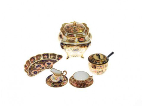 Royal Crown Derby Imari pattern sucrier, trinket dish, miniature pan and...
