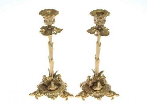 Pair 19th Century ormolu candlesticks, modelled with naturalistic stems...
