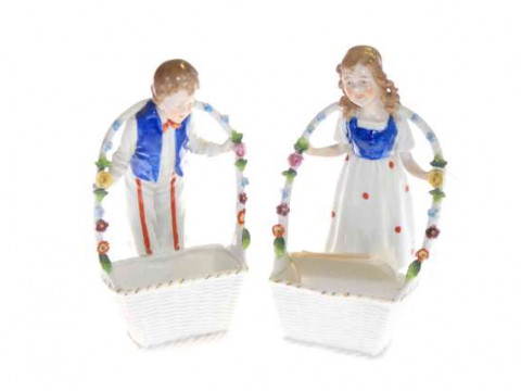 Pair German porcelain figure and basket flower holders, 18cm