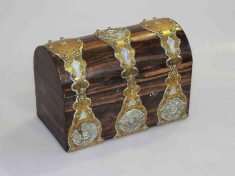 Victorian brass mounted amboyna stationery box with domed lid