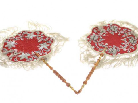 Pair satin wood handled beadwork and fringed face screens