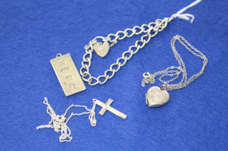 Silver ingot, silver charm bracelet, etc