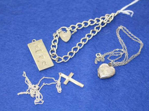 Silver ingot, silver charm bracelet, etc