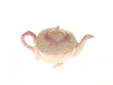 Belleek pink-tinted shell-moulded teapot