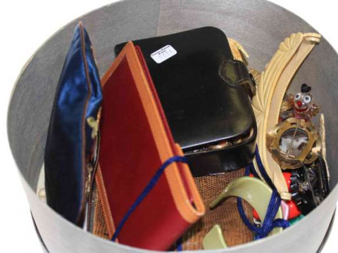 Box of jewellery, evening bag and purses