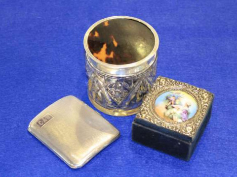 Silver and tortoiseshell glass jar, silver and enamelled trinket box and...