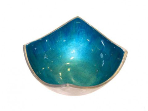 Deco white metal bowl with blue enamel interior