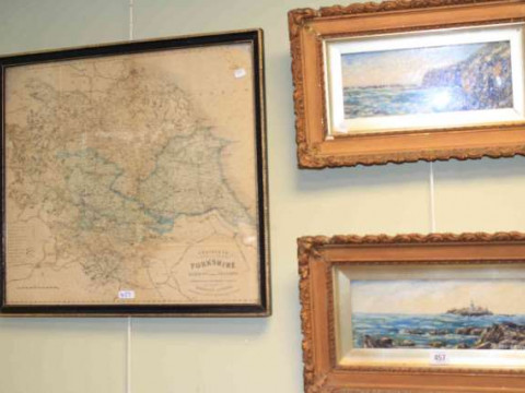 M*** Brookes, pair of oils, framed; and a Railway and Station Map of Yorkshire...