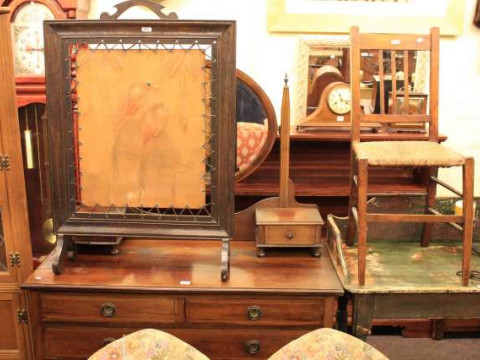 Edwardian mahogany dressing table, oak framed firescreen and rush seated...