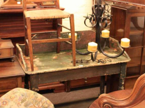 Victorian pine 3/4 gallery backed washstand and cast pricket chandelier