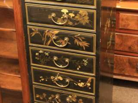 Slim Oriental style eight drawer chest and mahogany plant stand