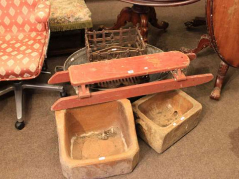 Two salt glazed troughs, zinc tub, two fire baskets and sledge (6)