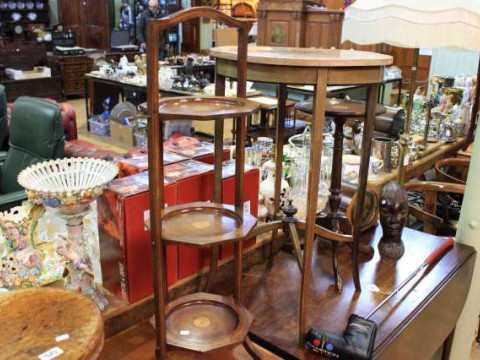 Two Edwardian inlaid occasional tables, three tier folding cakestand and...
