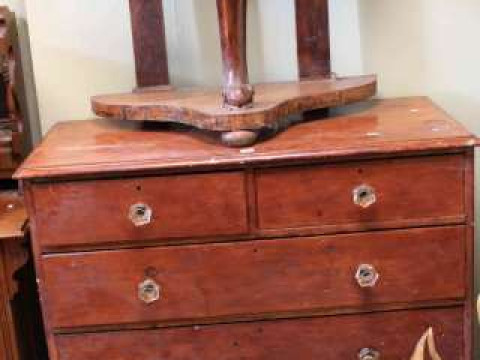 Victorian pine five drawer chest and oak skeleton washstand