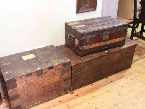 Victorian pine trunk, pine box and canvas and wood bound travelling trunk