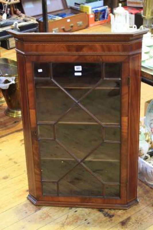 Late Victorian mahogany and chequer inlaid astragal glazed corner wall cabinet