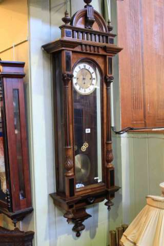 Victorian walnut and ebonised triple weight Vienna wall clock