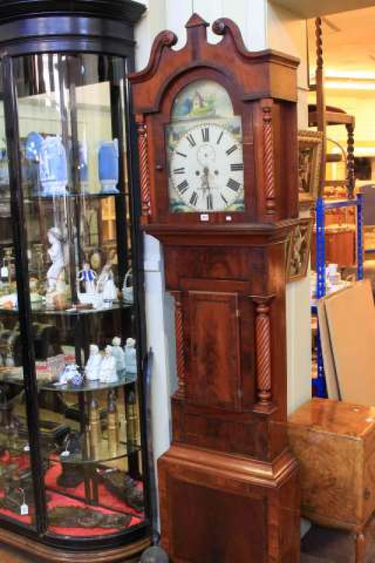 Antique mahogany eight day longcase clock having painted arched dial signed Meredith, Merthyr Tydvil