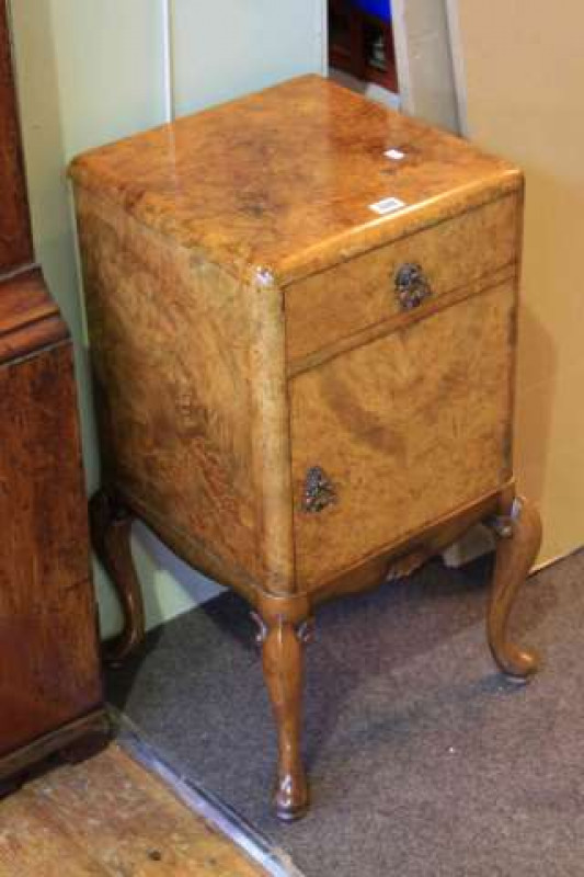 Burr walnut pot cupboard on cabriole legs