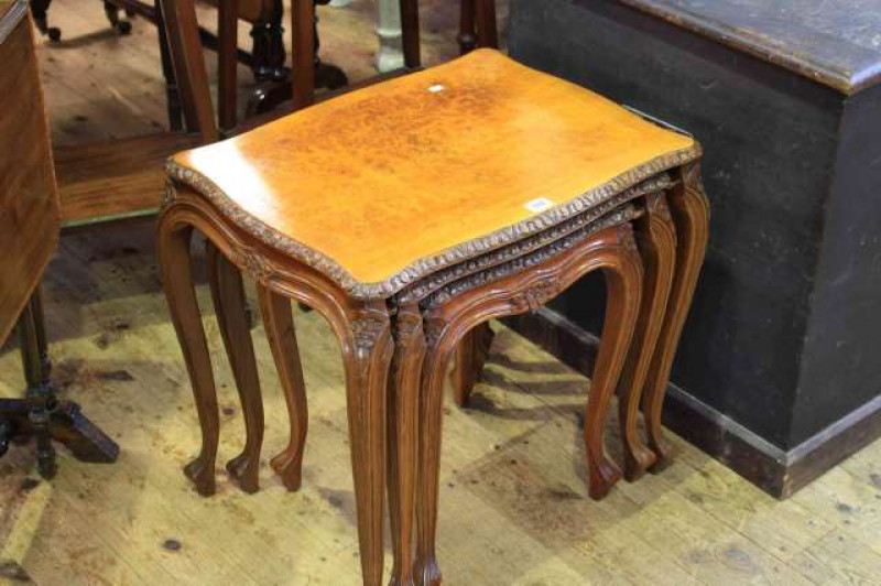 Nest of three burr walnut cabriole leg tables