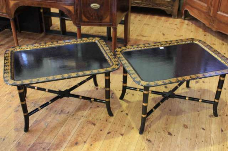 Pair black and gilt dished top side tables