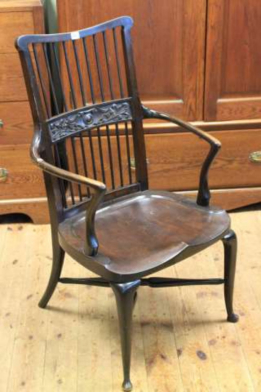Early 20th Century spindle and carved back occasional elbow chair on cabriole legs, stamped J. Harris