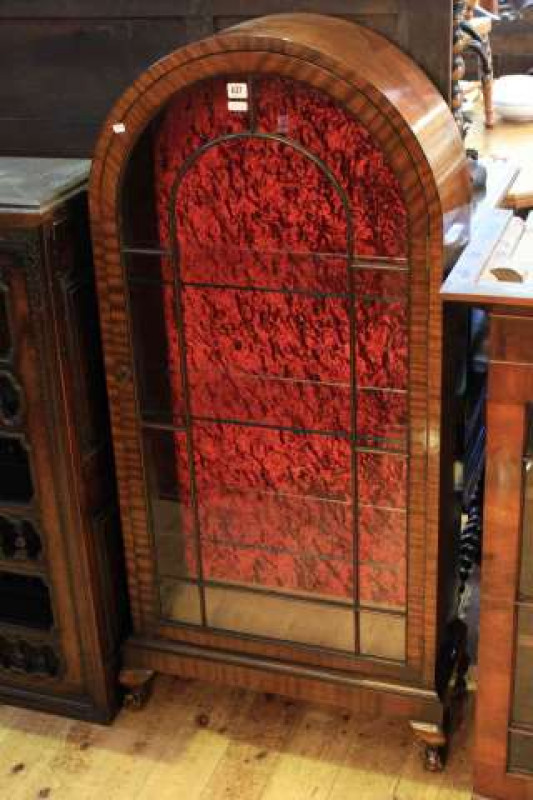 1920's mahogany dome topped single door china cabinet on ball and claw legs