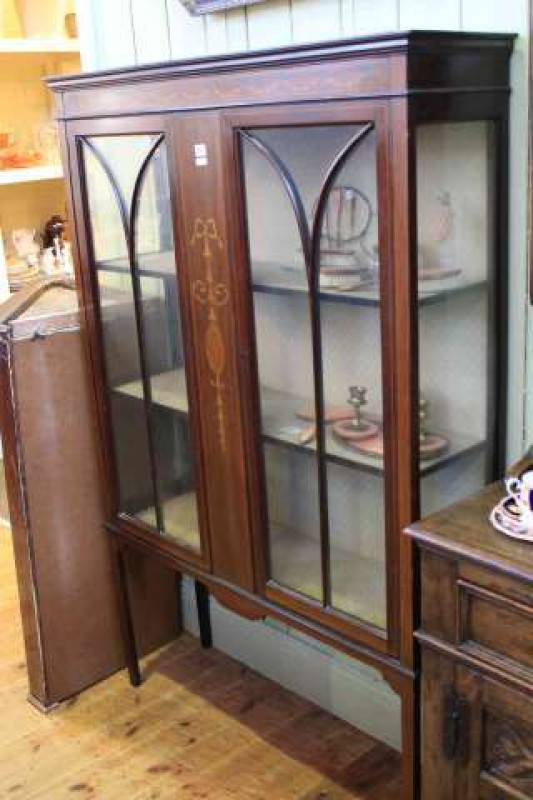 Edwardian mahogany and satinwood inlaid two door china cabinet on square tapering legs
