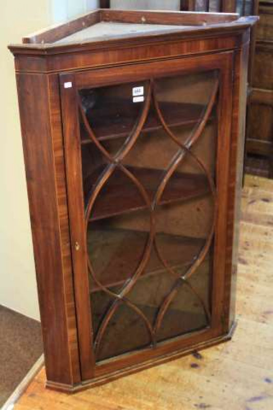 19th Century mahogany and satinwood crossbanded glazed door corner wall cabinet