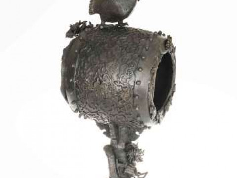 A CHINESE BRONZE CLOCK CASE, the barrel form case with cockerel surmount,...
