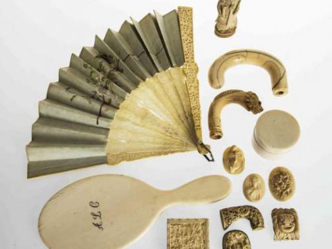 A COLLECTION OF ANTIQUE IVORY, including a Cantonese fan, Cantonese puzzle...