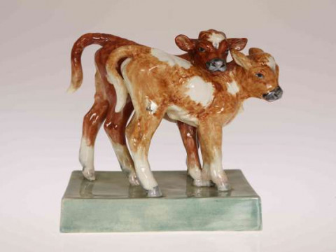 CALVES', A ROYAL WORCESTER GROUP BY DORIS LINDNER, modelled as two calves...