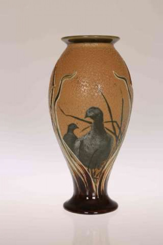 FLORENCE BARLOW FOR ROYAL DOULTON, A STONEWARE VASE, c.1870/80, the ovoid body with pate-sur-pate decoration of birds and sinuous foliage against a stippled ground, impressed lion, crown and wheel mark, incised monogram and no. 274. 18.5cm