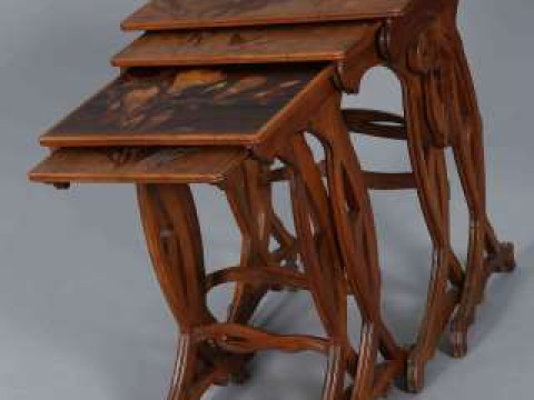 EMILE GALLE (FRENCH, 1846-1904), A SET OF FOUR MARQUETRY NESTING TABLES,...