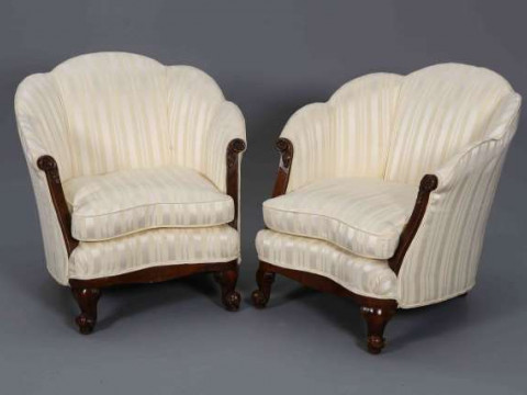 A PAIR OF ART DECO CLOUD BACK SALON CHAIRS, each upholstered on a mahogany...
