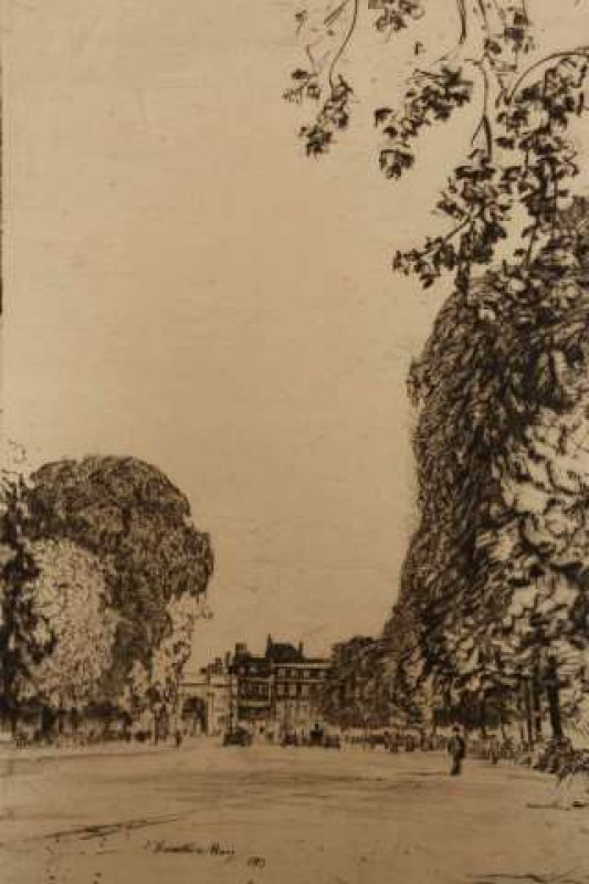 JAMES HAMILTON HAY (1874-1916), HYDE PARK, etching, 1913, unframed, 21.5cm by 14cm; and ANOTHER WORK BY THE ARTIST, 'SPRING IN DORSET', etching, unframed, 19.5cm by 23cm. (2)