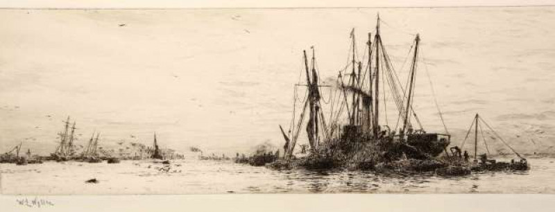 WILLIAM LIONEL WYLLIE (1851-1931), COAL BARGES ON THE MEDWAY, drypoint etching, signed in pencil on the mount. Plate 13cm by 34cm