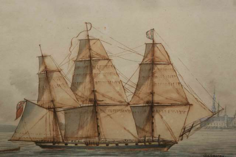 ATTRIBUTED TO AMBROISE LOUIS GARNERAY (1783-1857), BRITISH FRIGATE APPROACHING THE SOUND OFF KRONBORG CASTLE, signed Garneray lower right, pen, ink and watercolour, framed. 13.5cm by 19cm