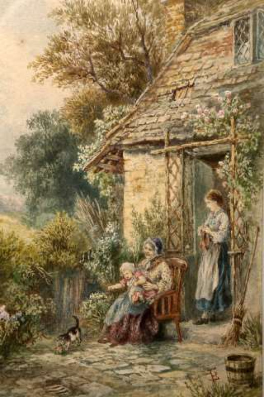 ATTRIBUTED TO MYLES BIRKETT FOSTER (1825-1899), THE PLAYFUL KITTEN, signed with monogram lower right, watercolour, framed. 20cm by 15cm