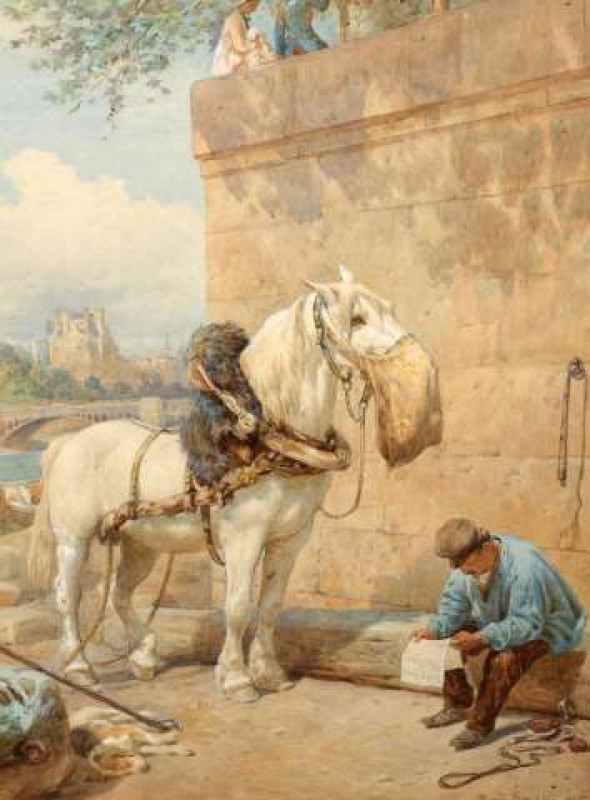 BASIL BRADLEY (1842-1904), LUNCH TIME, signed and dated 1885 lower right, watercolour, framed. 50cm by 39cm