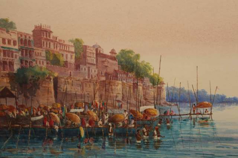 COLONIAL SCHOOL, INDIAN RIVER SCENE WITH FIGURES BATHING, watercolour, framed and glazed. 28cm by 45cm