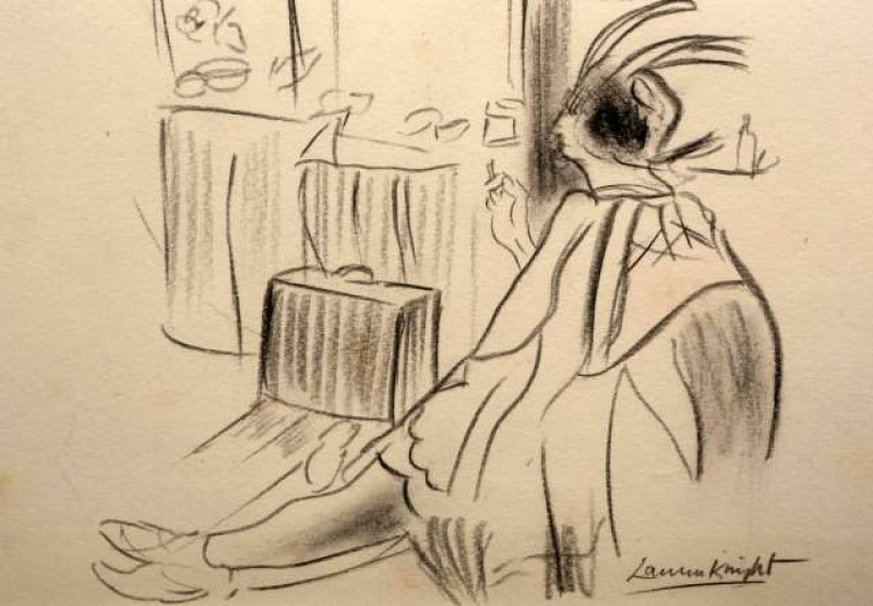 DAME LAURA KNIGHT (1877-1970), SKETCH OF A GIRL IN A DRESSING ROOM, signed,  charcoal, framed and glazed. 17.5cm by 23cm