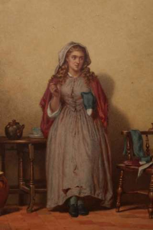 EDWARD RADFORD (1831-1920), A STITCH IN TIME, signed and dated 1871 lower left, watercolour, framed. 28cm by 20cm