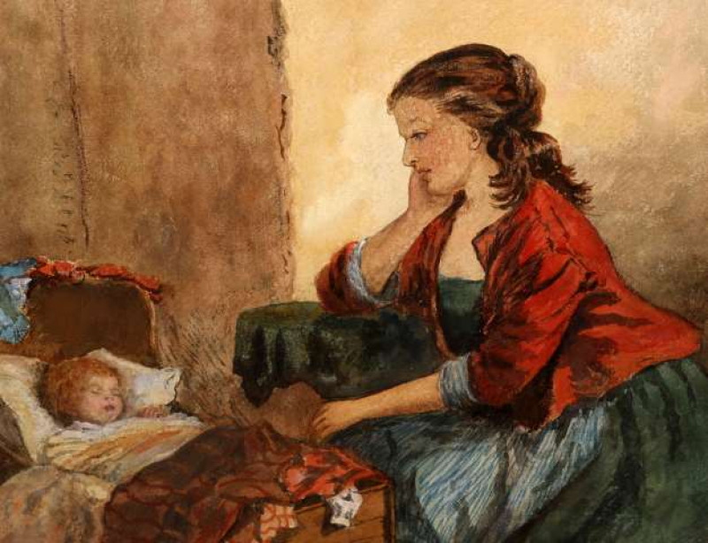 ENGLISH SCHOOL, MATERNAL LOVE, signed with initials EM lower right, watercolour, framed. 30.5cm by 35cm