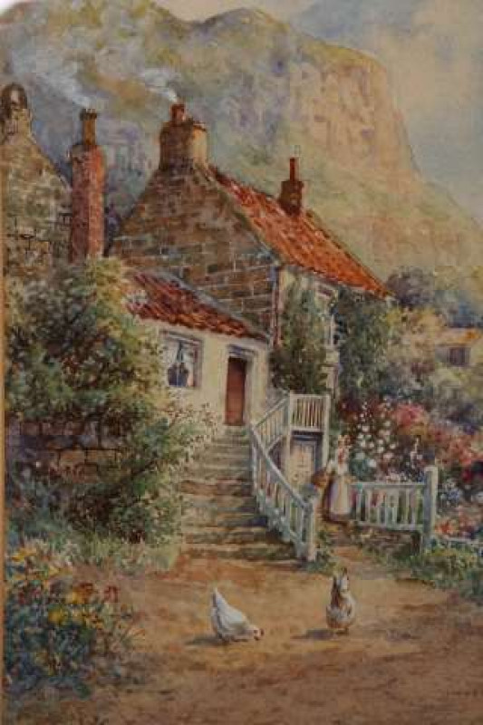 FRED W. GRAHAM, FIGURE AND CHICKENS IN A COTTAGE GARDEN, RUNSWICK BAY,  signed, watercolour, framed and glazed. 25cm by 18cm