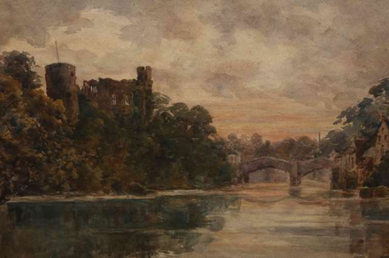 FREDERICK JAMES KERR (1853-1936), BARNARD CASTLE FROM THE RIVER, signed and dated 1904, watercolour, framed and glazed. 37cm by 50cm